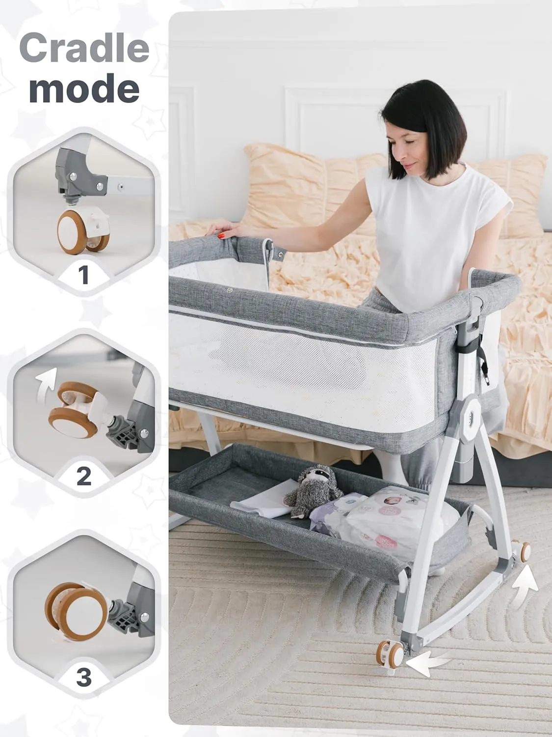 Earth&ME Baby Bassinet Bedside Sleeper with Rocking - All Mesh Portable Bedside Crib for Safe Co-Sleeping, Storage Basket and Wheels, Adjustable Height, Includes Travel Bag, Mosquito Net