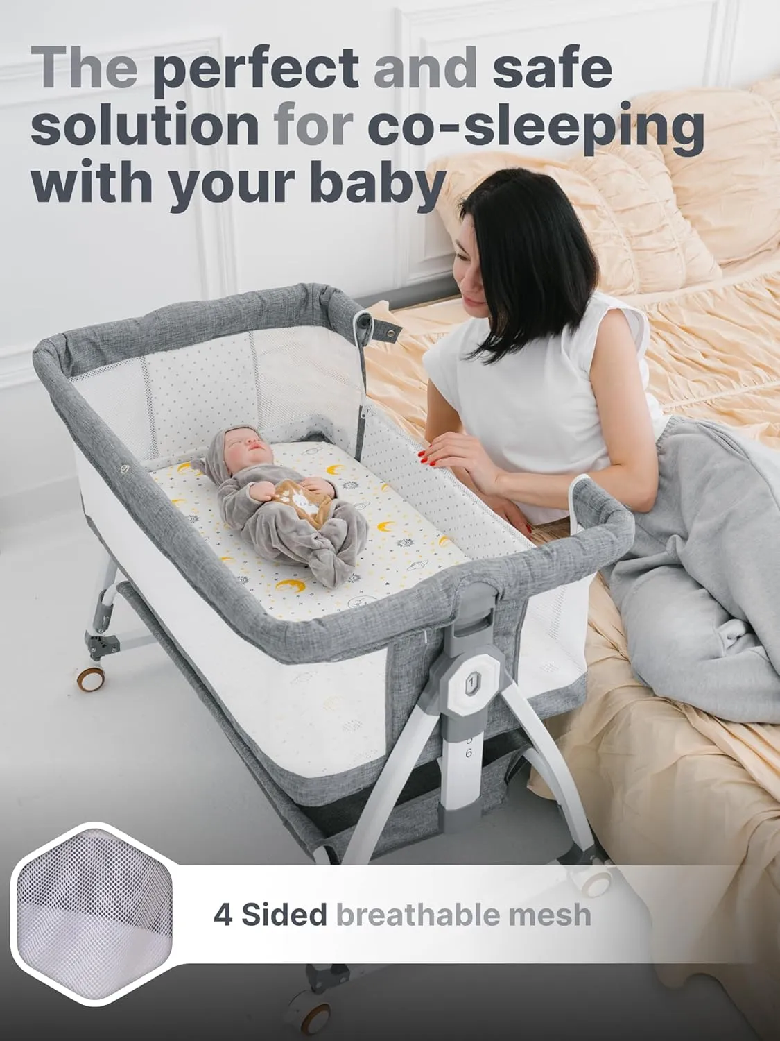 Earth&ME Baby Bassinet Bedside Sleeper with Rocking - All Mesh Portable Bedside Crib for Safe Co-Sleeping, Storage Basket and Wheels, Adjustable Height, Includes Travel Bag, Mosquito Net