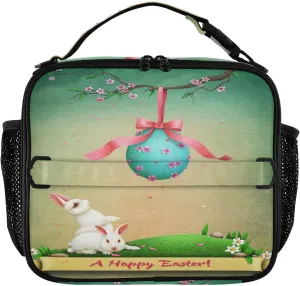 Easter Eggs White Rabbits Lunch Box Vintage Holiday Green Lawn Meal Tote Kids Lunch Bag Insulated Reusable Cooler Soft Shoulder Bag Mini Cooling Back to School