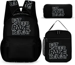 Eat Sleep Rave Repeat Backpack Set 3 Pieces Laptop Daypack Insulated Lunch Tote Bag Pencil Case for Work Travel