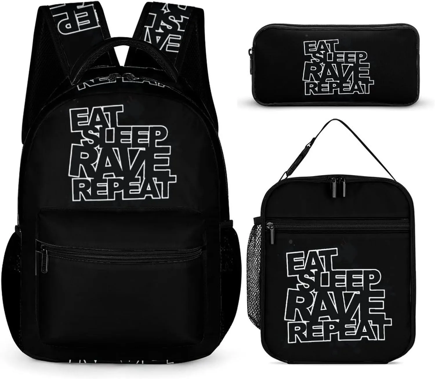 Eat Sleep Rave Repeat Backpack Set 3 Pieces Laptop Daypack Insulated Lunch Tote Bag Pencil Case for Work Travel