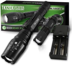 EcoGear FX Zoomable LED Tactical Flashlight Kit TK120X: 5 Light Modes, High Lumen Output, Water Resistant for Security & General Home Use - Batteries and Charger Included
