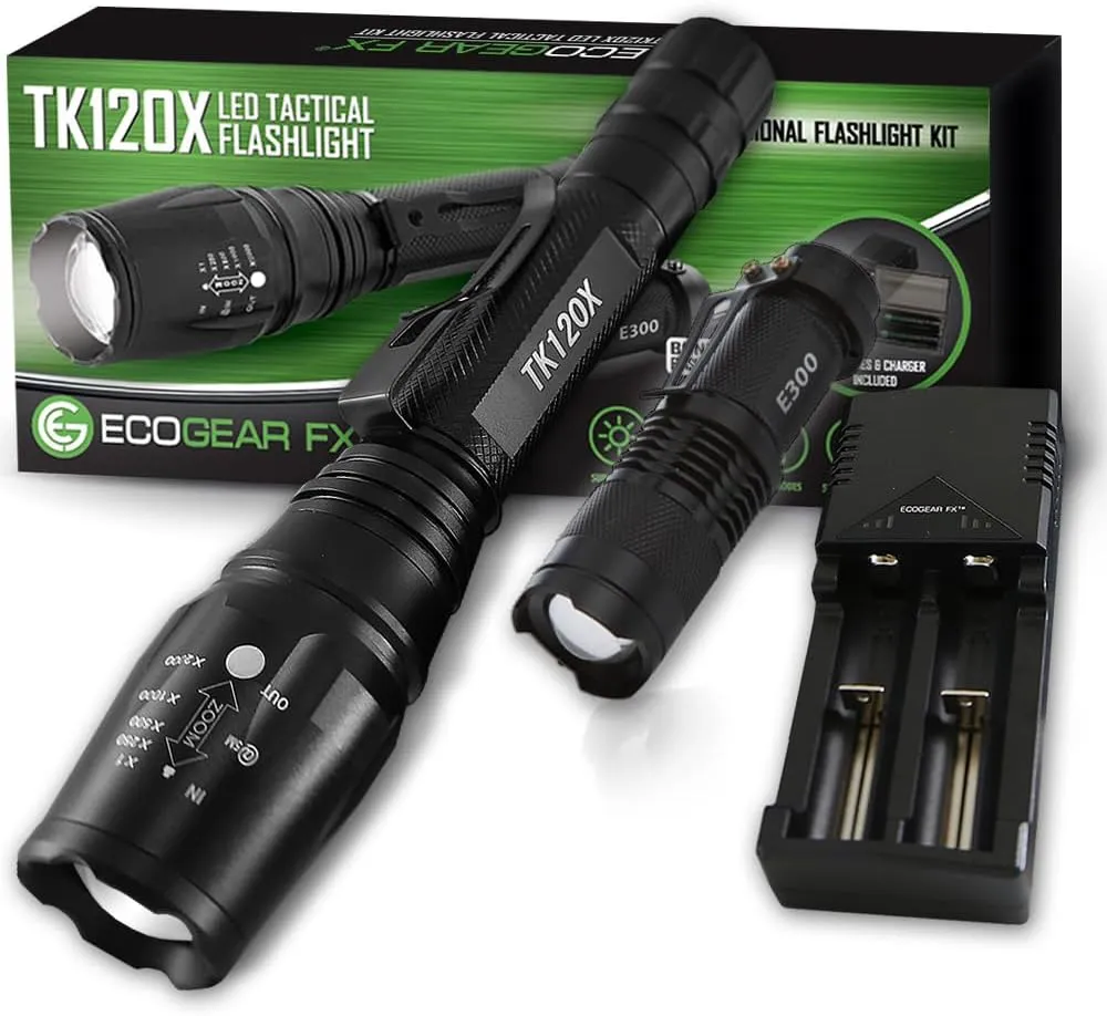 EcoGear FX Zoomable LED Tactical Flashlight Kit TK120X: 5 Light Modes, High Lumen Output, Water Resistant for Security & General Home Use - Batteries and Charger Included