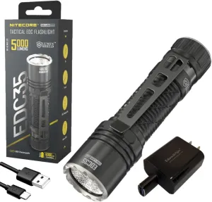 EdisonBright Nitecore EDC35 5000 Lumen LED USB-C Rechargeable Powerful Flood/spot Beam Tactical Flashlight, Battery, Paracord Lanyard Charging Adapter