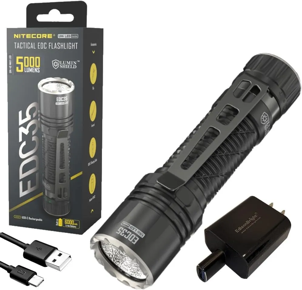 EdisonBright Nitecore EDC35 5000 Lumen LED USB-C Rechargeable Powerful Flood/spot Beam Tactical Flashlight, Battery, Paracord Lanyard Charging Adapter