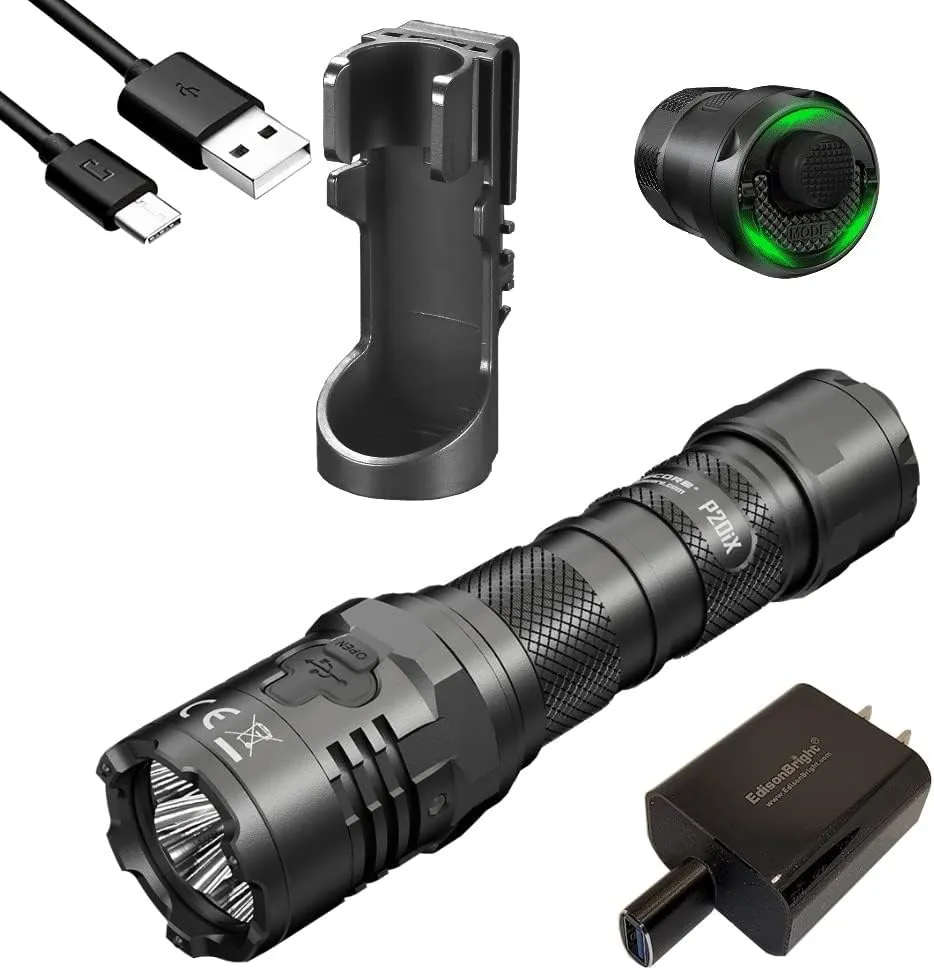 EdisonBright Nitecore P20iX 4000 Lumen USB Rechargeable Professional Tactical Flashlight, TSL10i Signal Light Accessory Bundle Charging Adapter