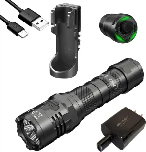 EdisonBright Nitecore P20iX 4000 Lumen USB Rechargeable Professional Tactical Flashlight, TSL10i Signal Light Accessory Bundle Charging Adapter