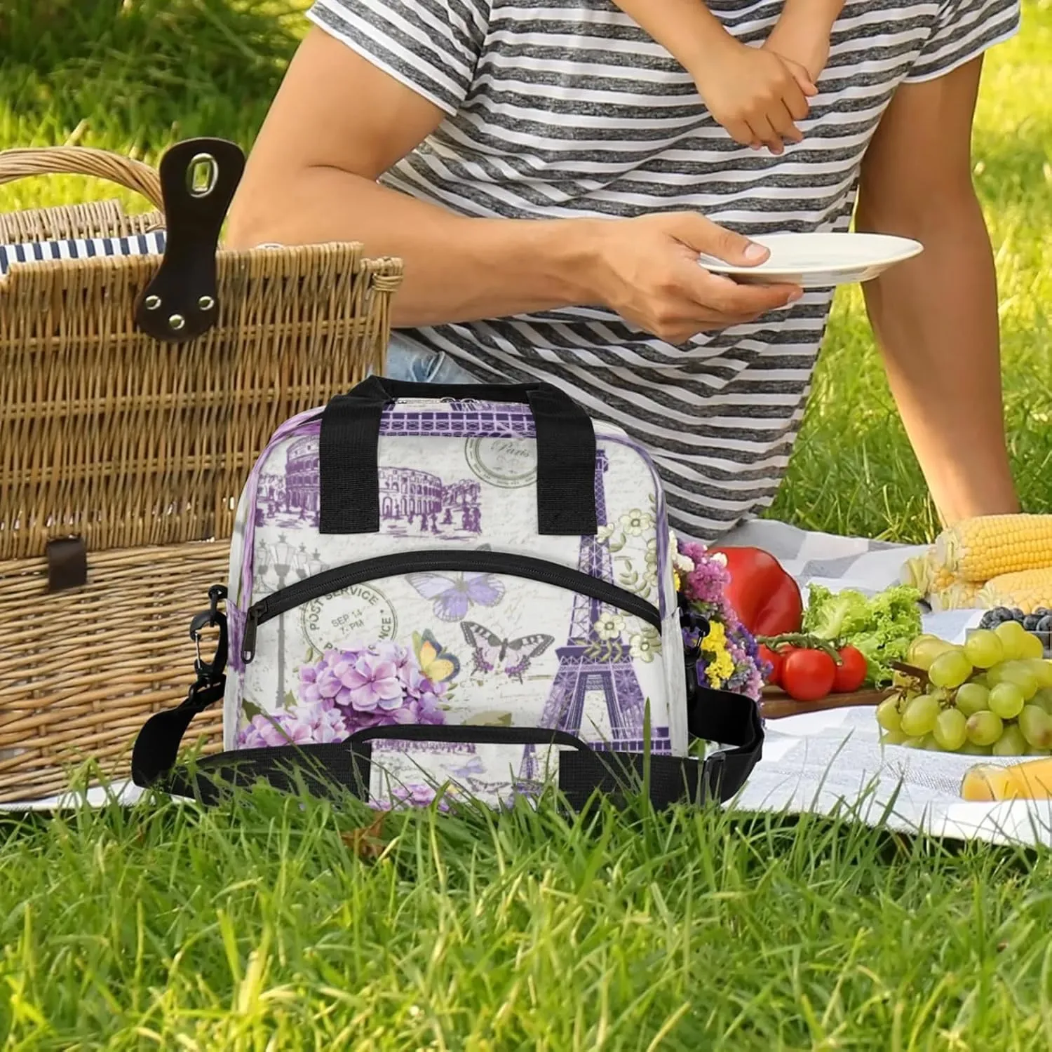 Eiffel Tower Insulated Lunch Bag for Women Men Reusable Lunch Box Cooler Tote Bag One Shoulder Portable Meal Bag Paris Theme Lunchbox for Work Picnic Beach