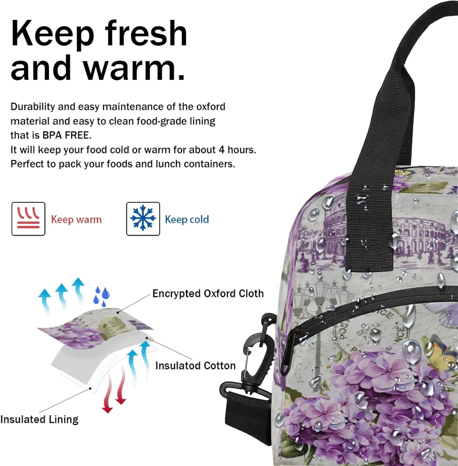 Eiffel Tower Insulated Lunch Bag for Women Men Reusable Lunch Box Cooler Tote Bag One Shoulder Portable Meal Bag Paris Theme Lunchbox for Work Picnic Beach