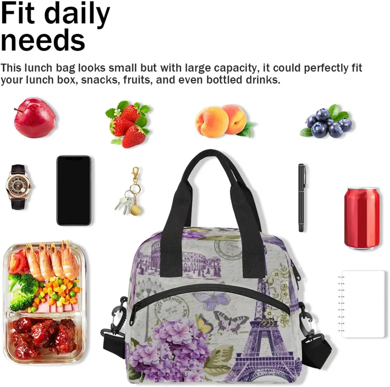 Eiffel Tower Insulated Lunch Bag for Women Men Reusable Lunch Box Cooler Tote Bag One Shoulder Portable Meal Bag Paris Theme Lunchbox for Work Picnic Beach