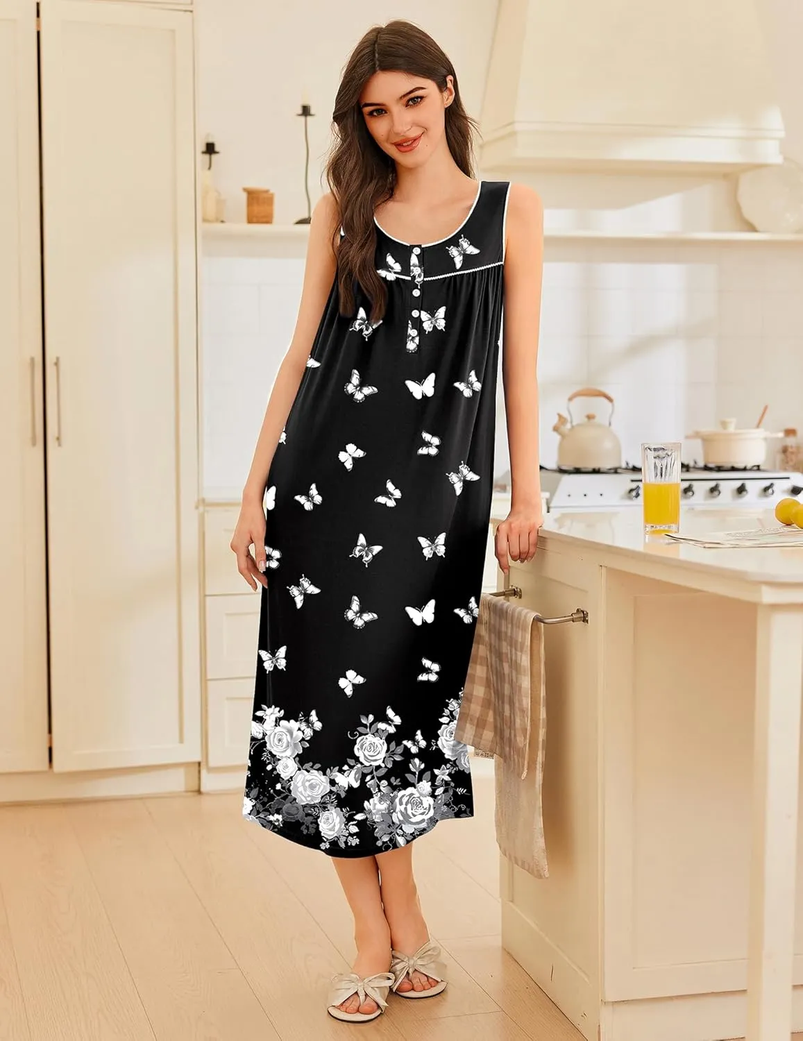 Ekouaer Nightgowns for Women Long Sleeveless Night Gowns Ladies Soft Nightdress Victorian Sleepwear with Pockets S-XXXL