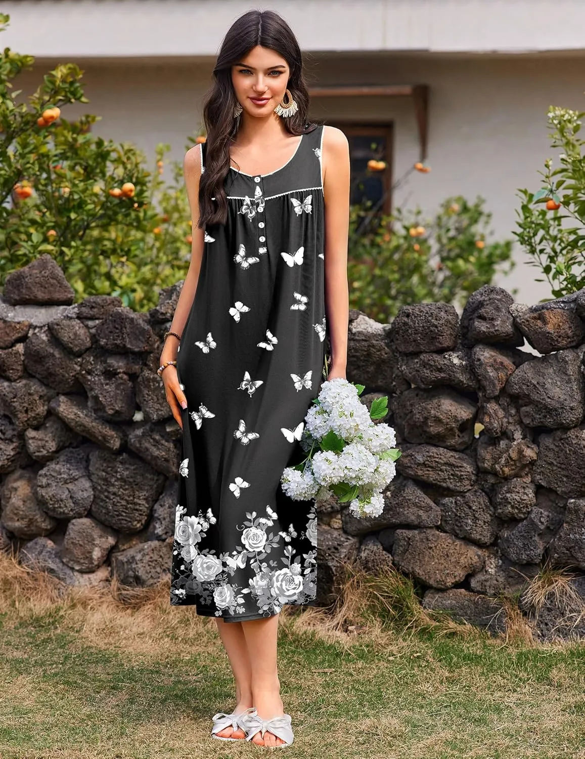 Ekouaer Nightgowns for Women Long Sleeveless Night Gowns Ladies Soft Nightdress Victorian Sleepwear with Pockets S-XXXL