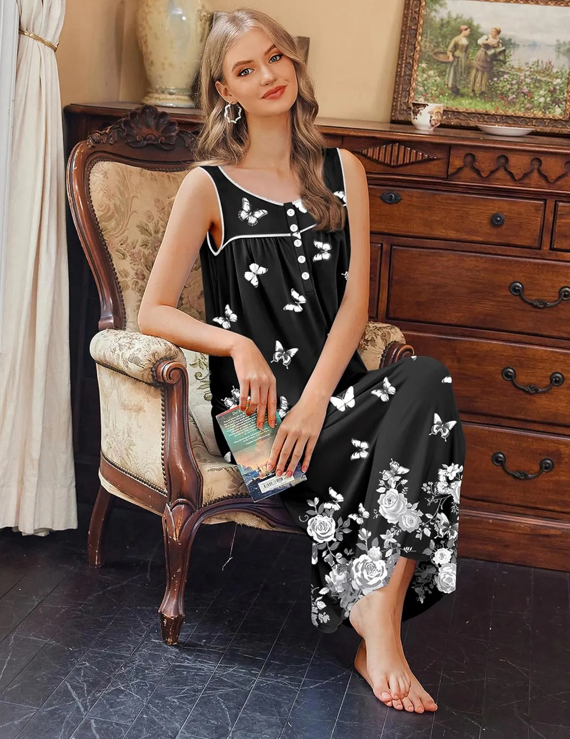 Ekouaer Nightgowns for Women Long Sleeveless Night Gowns Ladies Soft Nightdress Victorian Sleepwear with Pockets S-XXXL