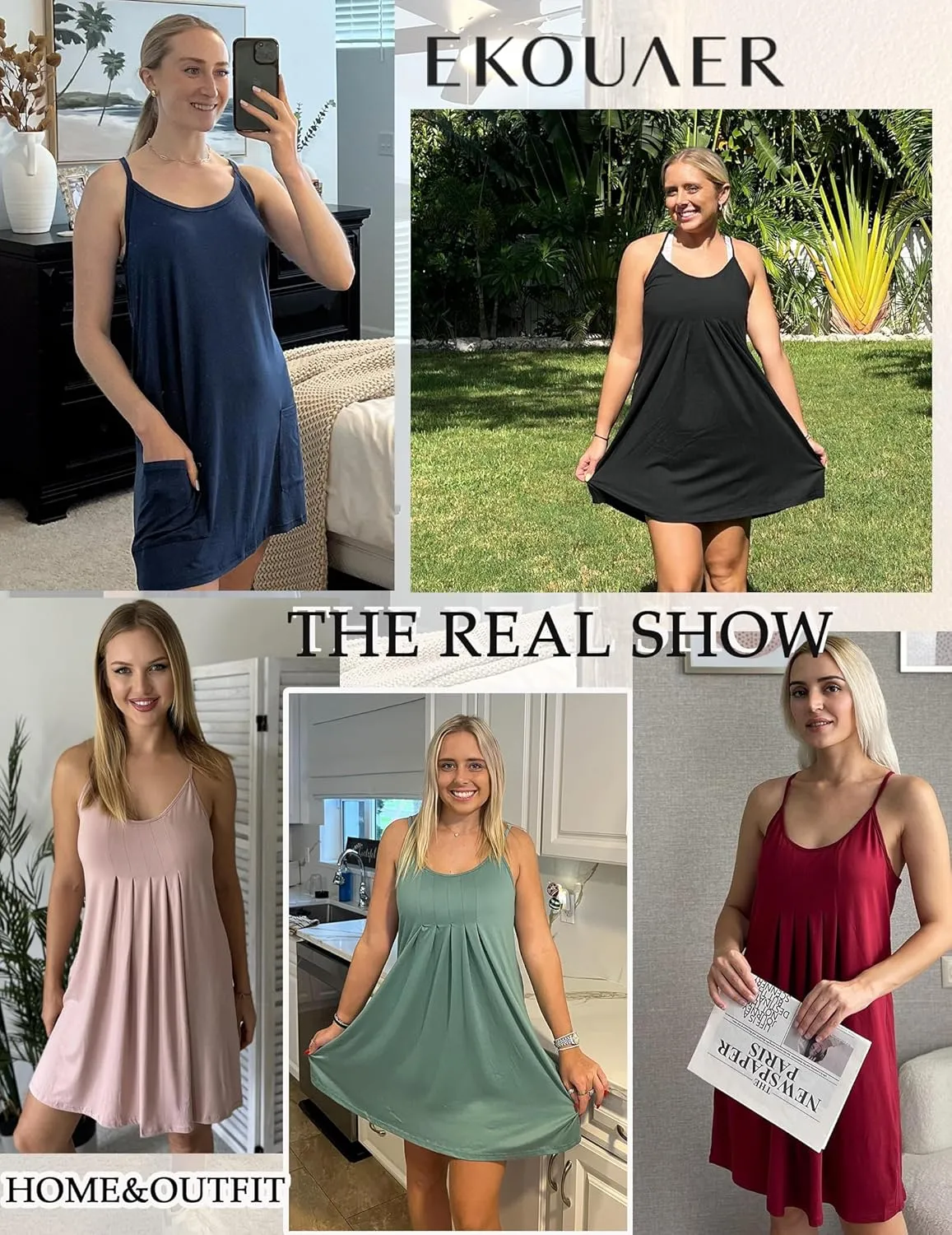 Ekouaer Women Nightgowns Sleeveless Sleepwear Spaghetti Strap Racerback Pajama Dress Nightshirt S-XXL