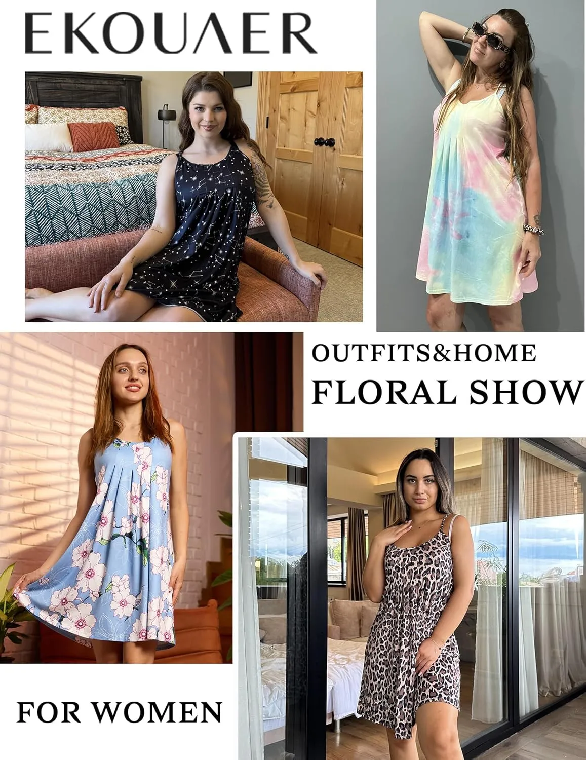 Ekouaer Women Nightgowns Sleeveless Sleepwear Spaghetti Strap Racerback Pajama Dress Nightshirt S-XXL