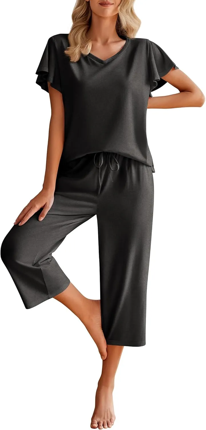Ekouaer Womens Cotton Pajamas Sets Short Sleeve Tops and Capri Pants Sleepwear Loungewear with Pockets