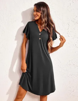 Ekouaer Women's Nightgown Short Flare Sleeve Sleepshirt V-Neck Sleepwear Soft Nightshirt Pajama Dress S-XXL