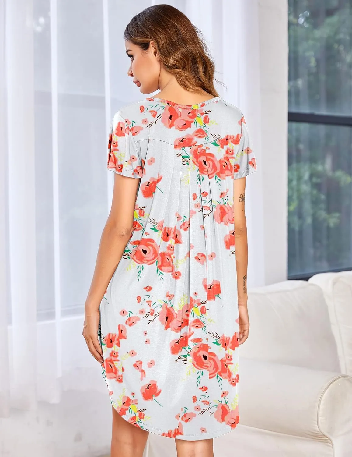 Ekouaer Womens Nightgown Soft Sleepwear Pleated Sleepshirt Sleep Dress Short Sleeve Nightdress S-3XL
