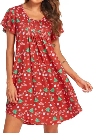 Ekouaer Womens Nightgown Soft Sleepwear Pleated Sleepshirt Sleep Dress Short Sleeve Nightdress S-3XL