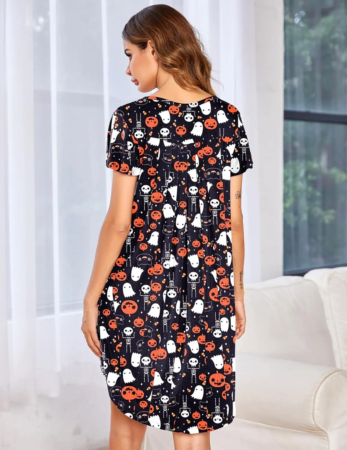Ekouaer Womens Nightgown Soft Sleepwear Pleated Sleepshirt Sleep Dress Short Sleeve Nightdress S-3XL