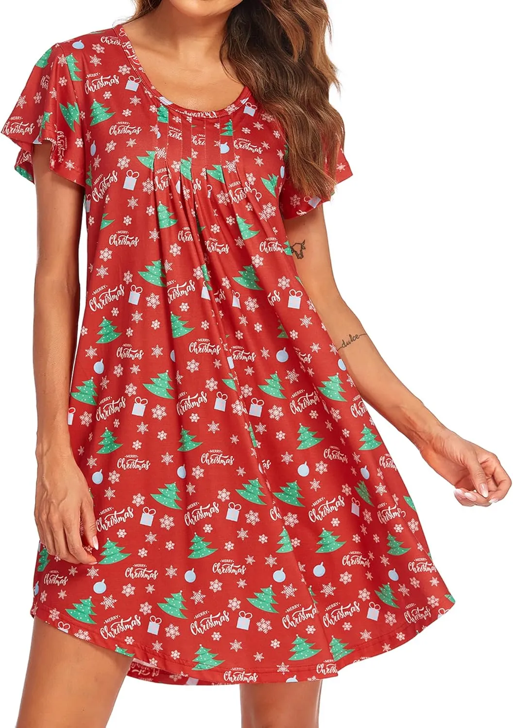 Ekouaer Womens Nightgown Soft Sleepwear Pleated Sleepshirt Sleep Dress Short Sleeve Nightdress S-3XL