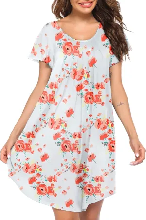 Ekouaer Womens Nightgown Soft Sleepwear Pleated Sleepshirt Sleep Dress Short Sleeve Nightdress S-3XL