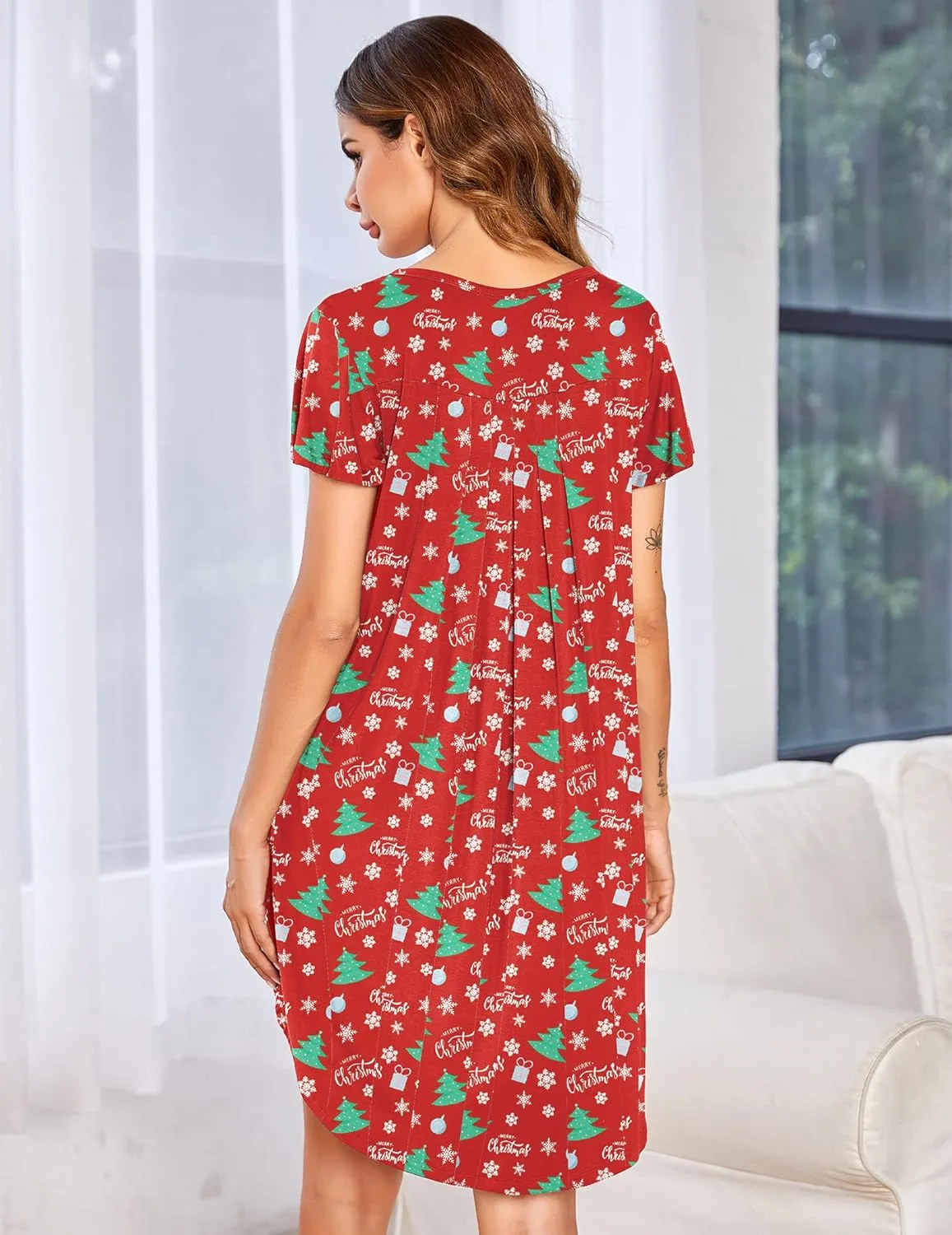 Ekouaer Womens Nightgown Soft Sleepwear Pleated Sleepshirt Sleep Dress Short Sleeve Nightdress S-3XL