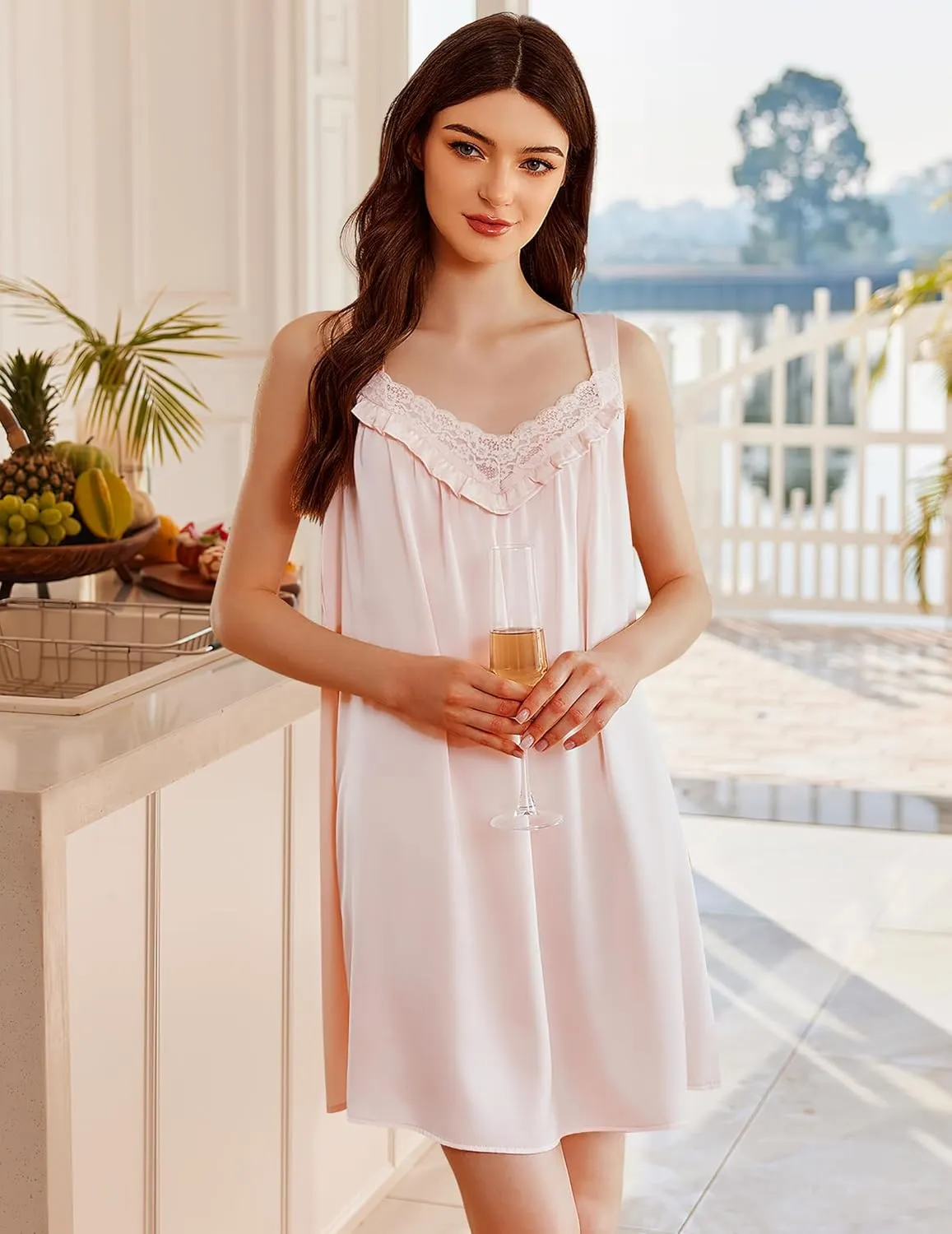 Ekouaer Women's Satin Silk Nightgown V Neck Sexy Nightdress Tank Sleeveless Sleepshirt Lace Sleep Dress Nightwear S-XXXL