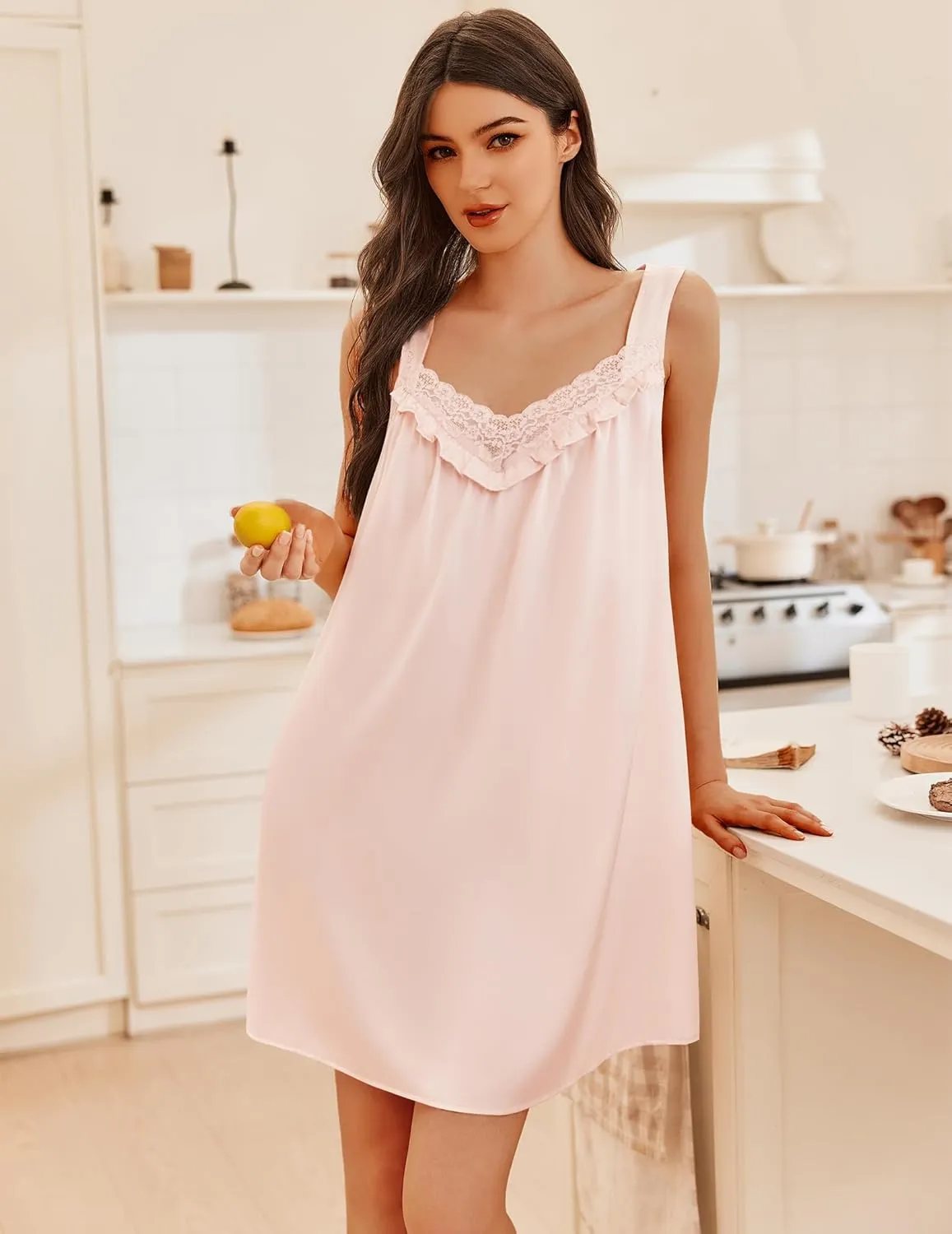 Ekouaer Women's Satin Silk Nightgown V Neck Sexy Nightdress Tank Sleeveless Sleepshirt Lace Sleep Dress Nightwear S-XXXL