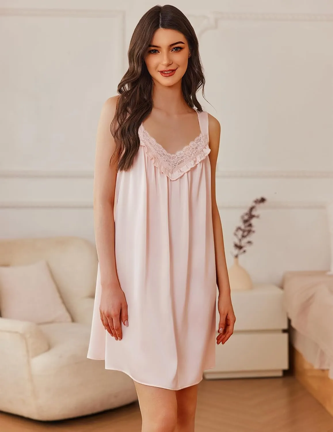 Ekouaer Women's Satin Silk Nightgown V Neck Sexy Nightdress Tank Sleeveless Sleepshirt Lace Sleep Dress Nightwear S-XXXL