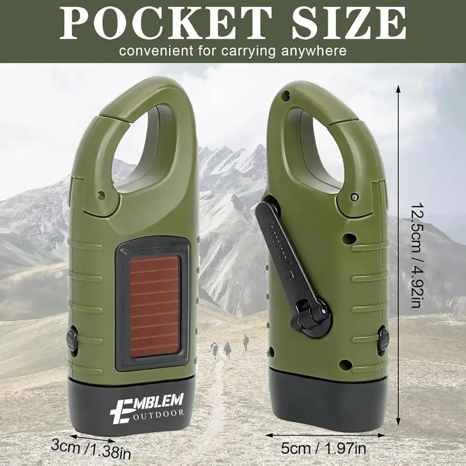 Emblem OD Hand Crank Solar Powered Flashlight, Emergency Rechargeable LED Survival Flashlight with Dynamo Crank and Carbiner Clip. Solar Rechargeable No Batteries Req. Go Bag Supplies. Green - 2 Pack