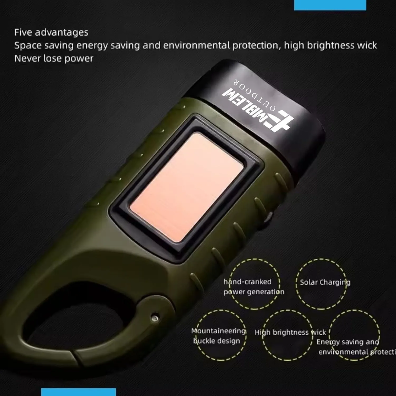 Emblem OD Hand Crank Solar Powered Flashlight, Emergency Rechargeable LED Survival Flashlight with Dynamo Crank and Carbiner Clip. Solar Rechargeable No Batteries Req. Go Bag Supplies. Green - 2 Pack