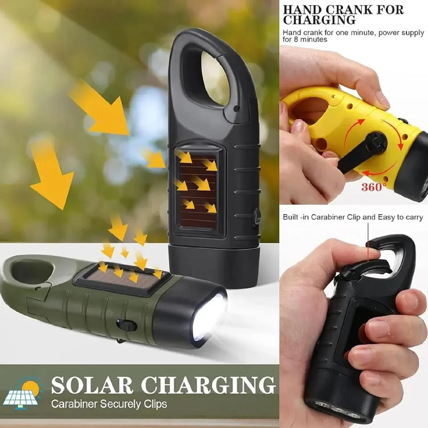 Emblem OD Hand Crank Solar Powered Flashlight, Emergency Rechargeable LED Survival Flashlight with Dynamo Crank and Carbiner Clip. Solar Rechargeable No Batteries Req. Go Bag Supplies. Green - 2 Pack