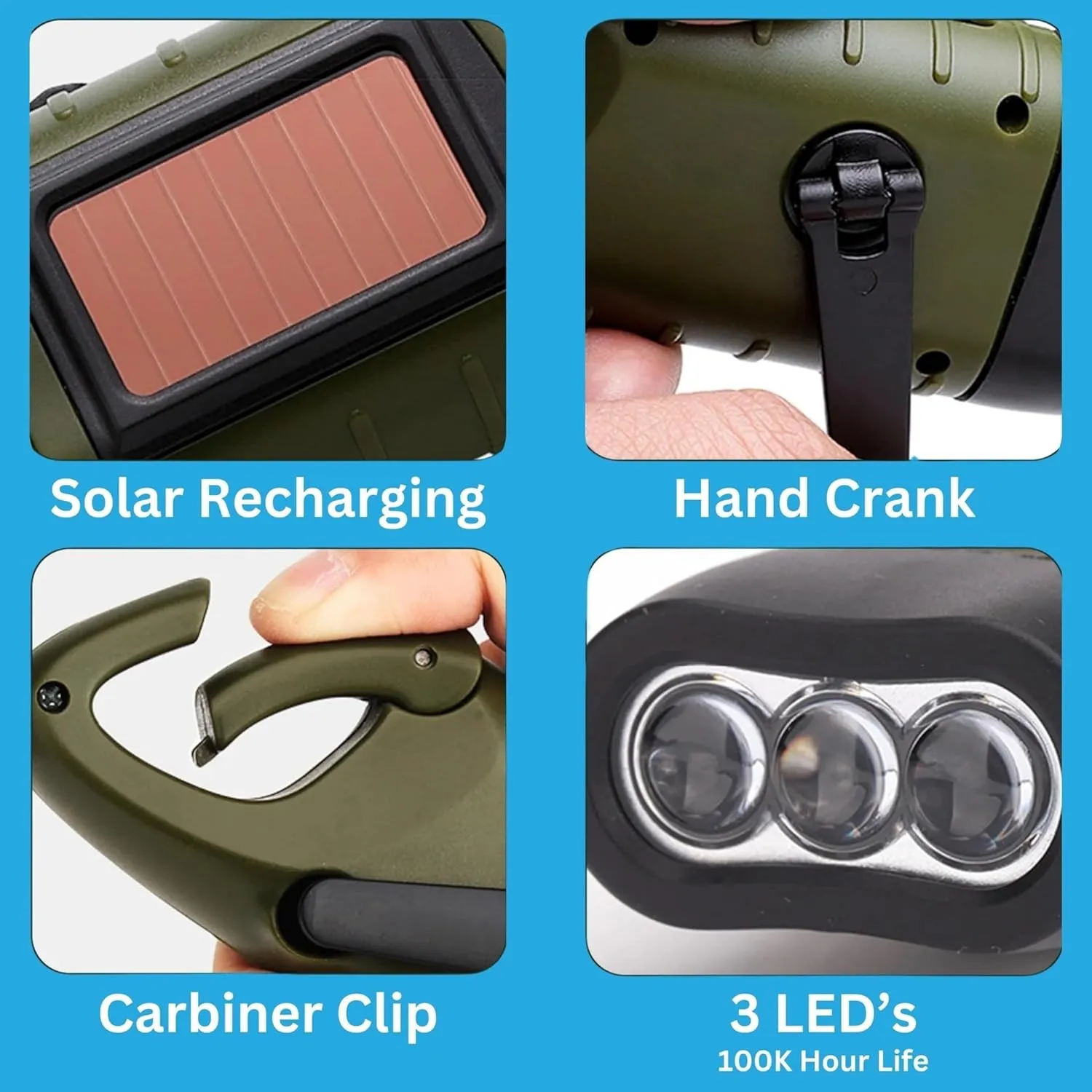 Emblem OD Hand Crank Solar Powered Flashlight, Emergency Rechargeable LED Survival Flashlight with Dynamo Crank and Carbiner Clip. Solar Rechargeable No Batteries Req. Go Bag Supplies. Green - 2 Pack