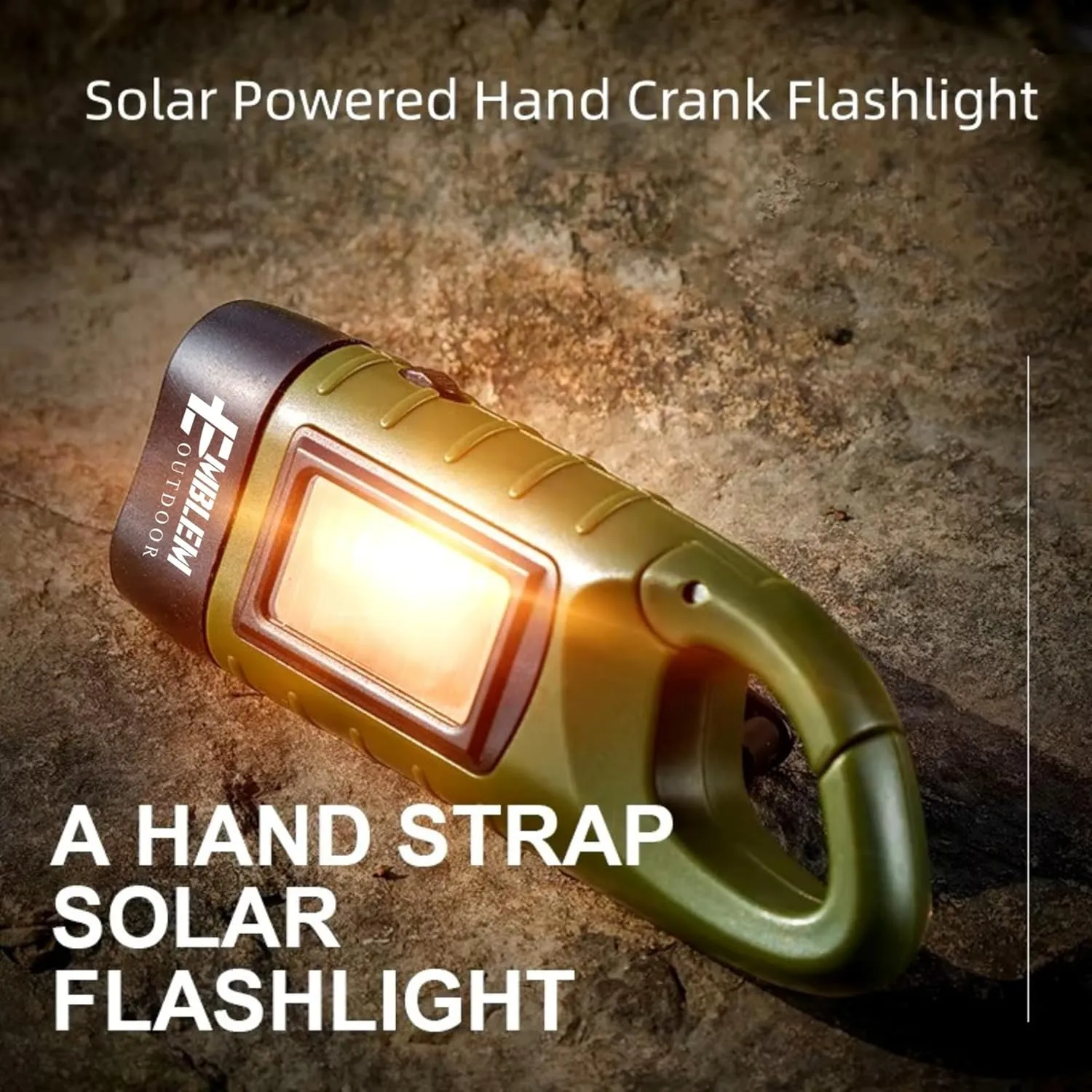 Emblem OD Hand Crank Solar Powered Flashlight, Emergency Rechargeable LED Survival Flashlight with Dynamo Crank and Carbiner Clip. Solar Rechargeable No Batteries Req. Go Bag Supplies. Green - 2 Pack