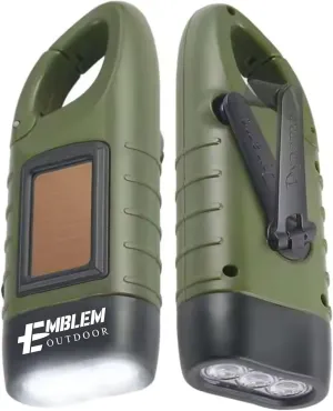 Emblem OD Hand Crank Solar Powered Flashlight, Emergency Rechargeable LED Survival Flashlight with Dynamo Crank and Carbiner Clip. Solar Rechargeable No Batteries Req. Go Bag Supplies. Green - 2 Pack