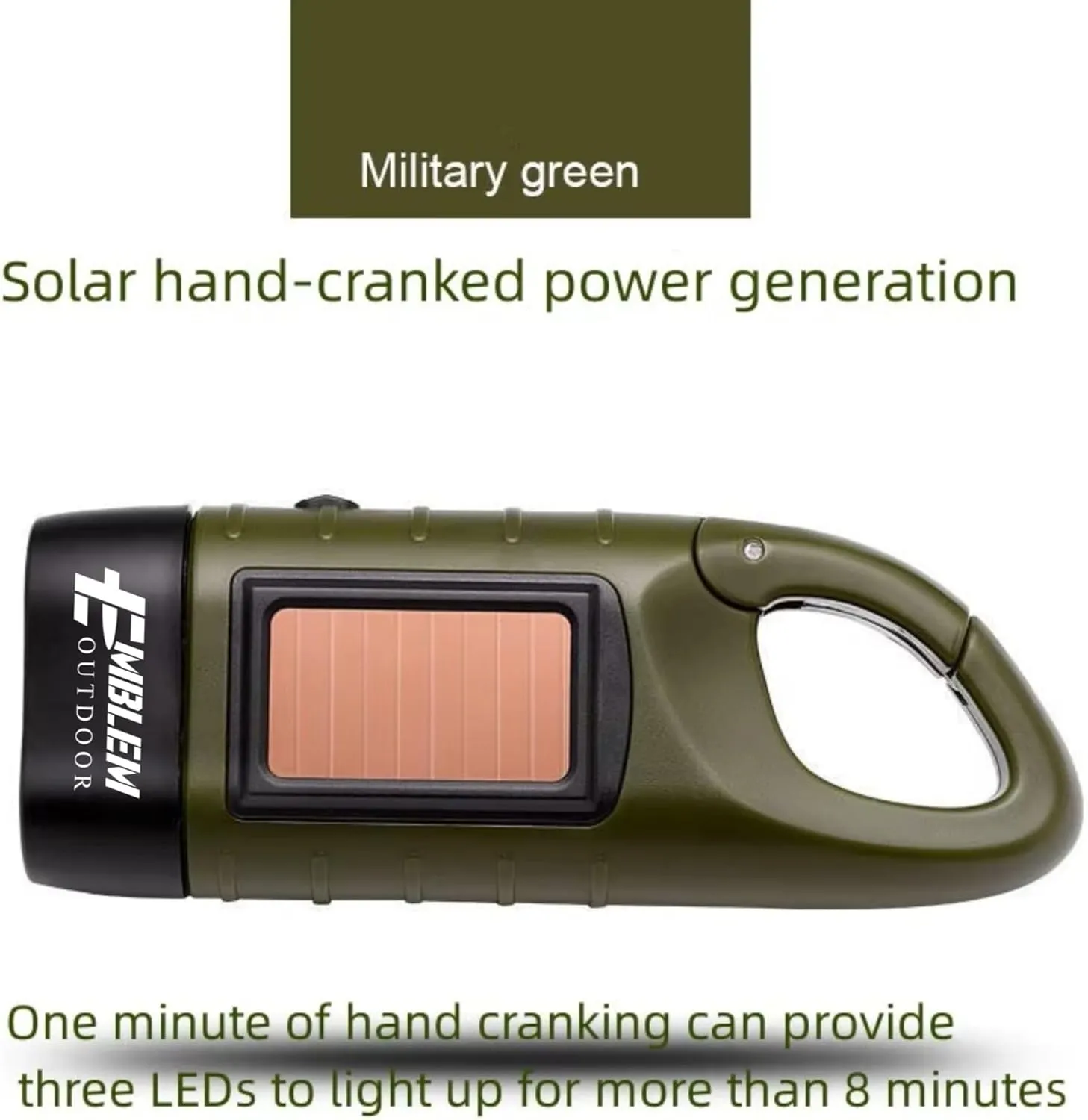 Emblem OD Hand Crank Solar Powered Flashlight, Emergency Rechargeable LED Survival Flashlight with Dynamo Crank and Carbiner Clip. Solar Rechargeable No Batteries Req. Go Bag Supplies. Green - 2 Pack