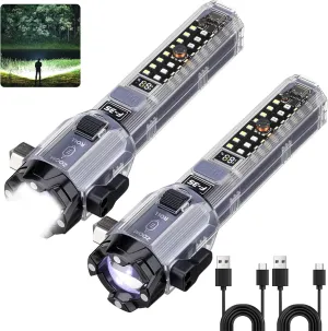 Emergency Car Flashlights High Lumens Rechargeable, 7 Modes Multifunctional Tactical LED Flashlights 2 Packs with Window Breaker, Belt Cutter, Alarm Buzzer, USB C, Emergency Flashlights for Car