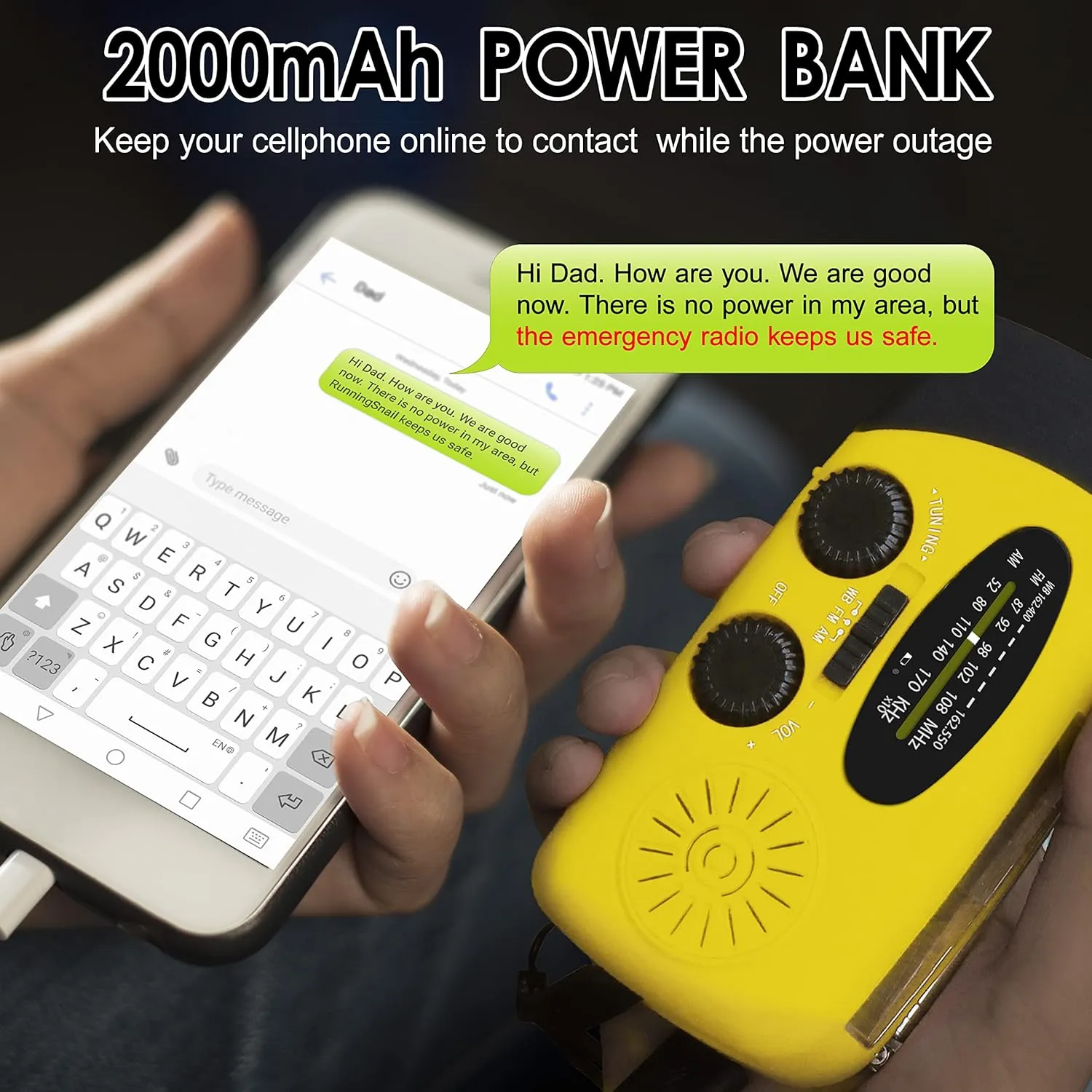 Emergency Hand Crank Radio with LED Flashlight for Emergency, AM/FM Portable Weather Radio with 2000mAh Power Bank Phone Charger, USB Charged & Solar Power for Camping, Emergency(Yellow)