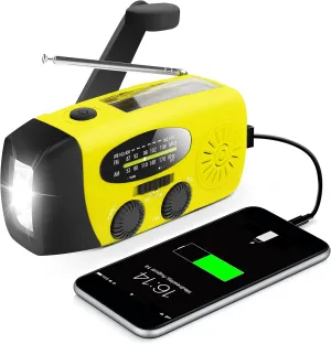 Emergency Hand Crank Radio with LED Flashlight for Emergency, AM/FM Portable Weather Radio with 2000mAh Power Bank Phone Charger, USB Charged & Solar Power for Camping, Emergency(Yellow)