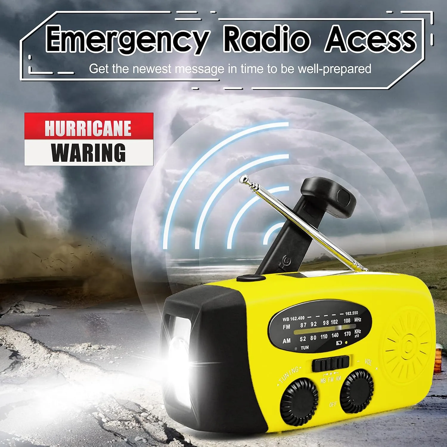 Emergency Hand Crank Radio with LED Flashlight for Emergency, AM/FM Portable Weather Radio with 2000mAh Power Bank Phone Charger, USB Charged & Solar Power for Camping, Emergency(Yellow)