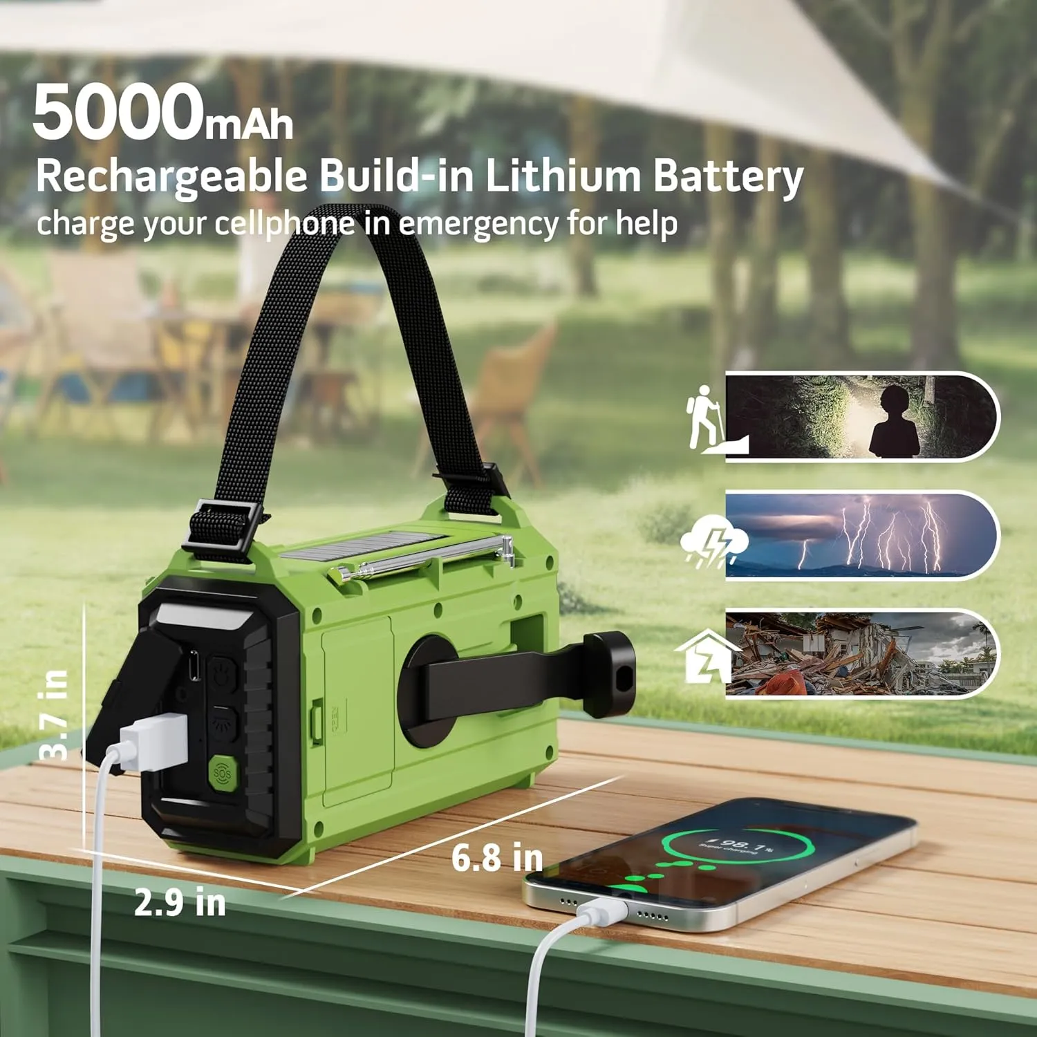 Emergency Radio,5000 NOAA Weather Radio with AM/FM/NOAA/SW,SOS Battery Operated Radio,5 Way Powered Emergency Hand Crank with USB Charger, Flashlight, Reading Lamp, Headphone Jack for Outdoor