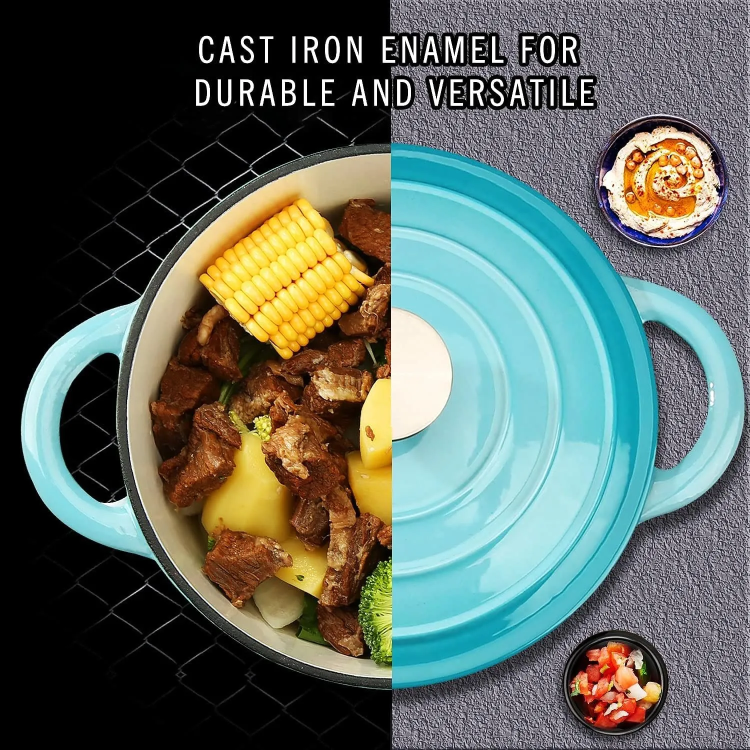 Enameled Cast Iron Dutch Oven, 5 QT Bread Baking Pot with Self Basting Lid, Non-stick Enamel Coated Cookware Pot, Great Christmas Gifts for Family, Teal