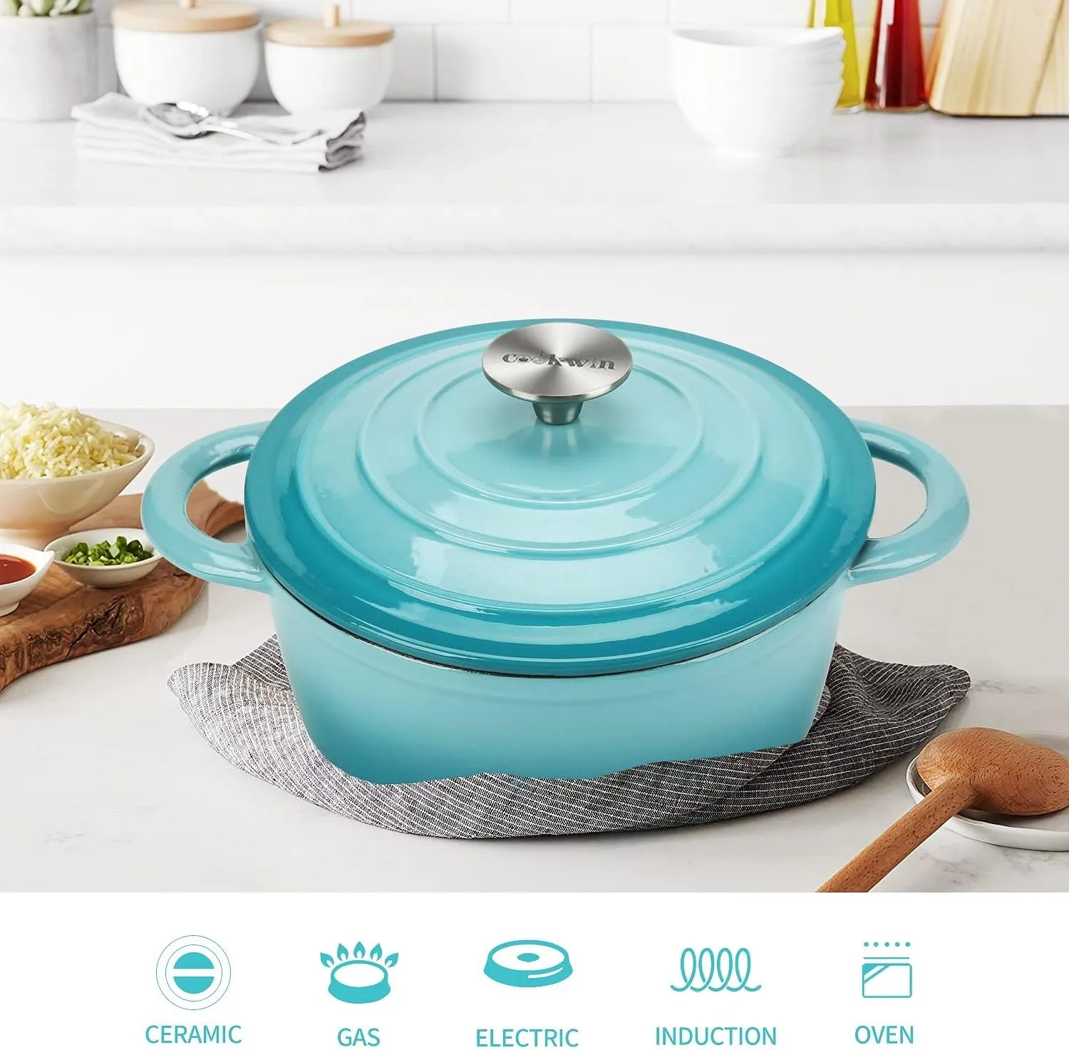Enameled Cast Iron Dutch Oven, 5 QT Bread Baking Pot with Self Basting Lid, Non-stick Enamel Coated Cookware Pot, Great Christmas Gifts for Family, Teal