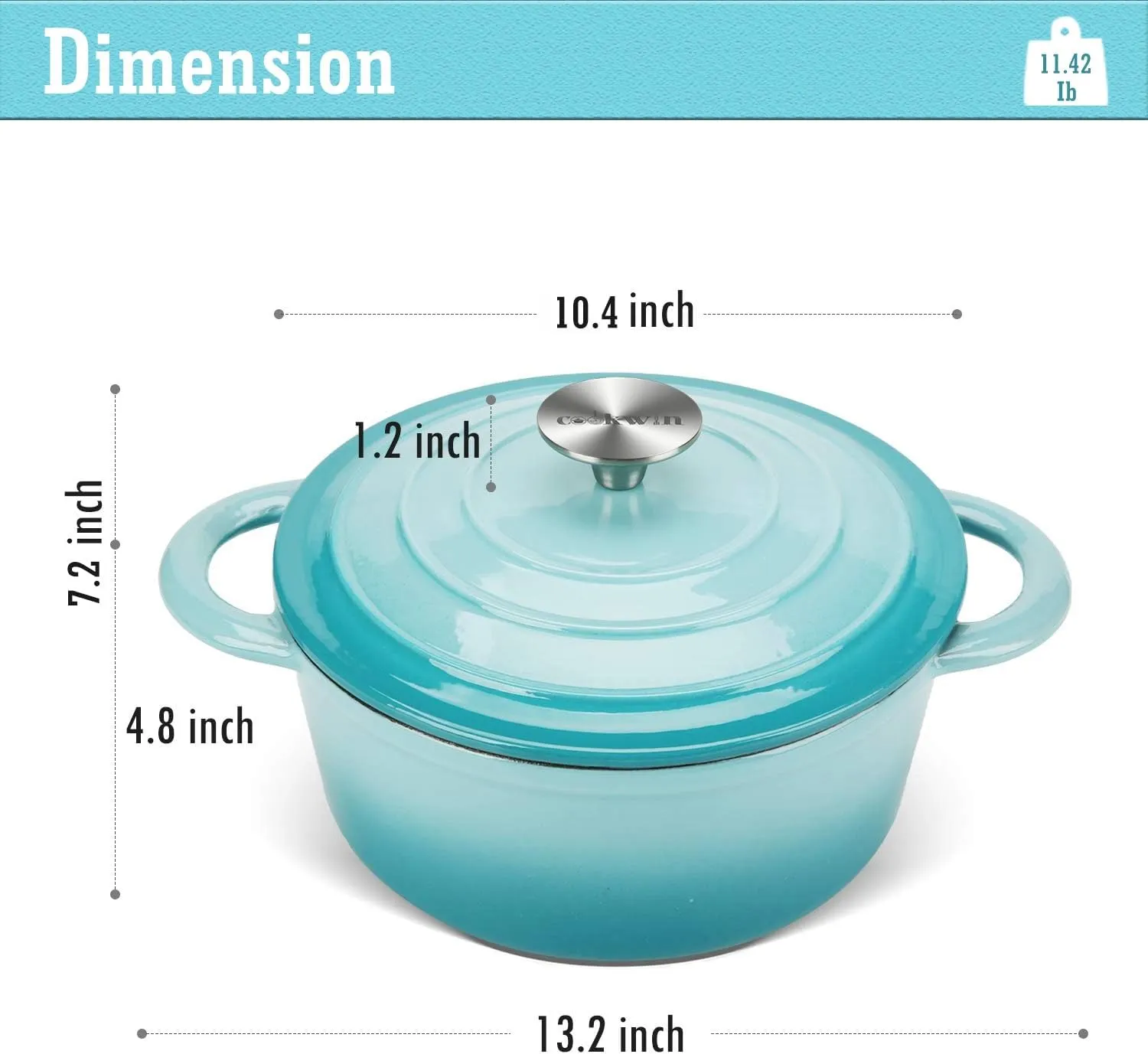 Enameled Cast Iron Dutch Oven, 5 QT Bread Baking Pot with Self Basting Lid, Non-stick Enamel Coated Cookware Pot, Great Christmas Gifts for Family, Teal