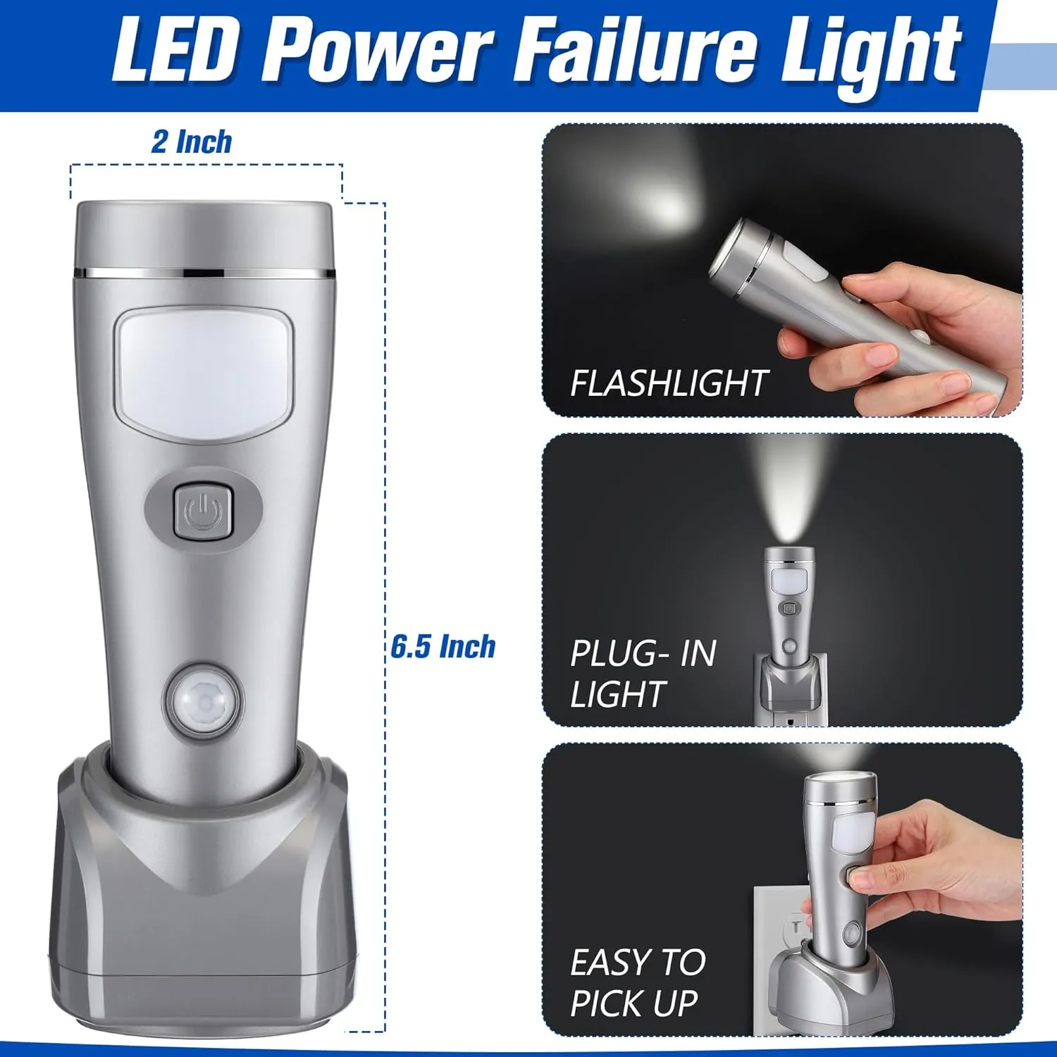 Enhon 4 in 1 LED Rechargeable Plug in Flashlights, 3 Pack LED Emergency Lights for Home Power Failure, Plug in Power Outage Light, Power Failure Light with Motion Detection (Silver)