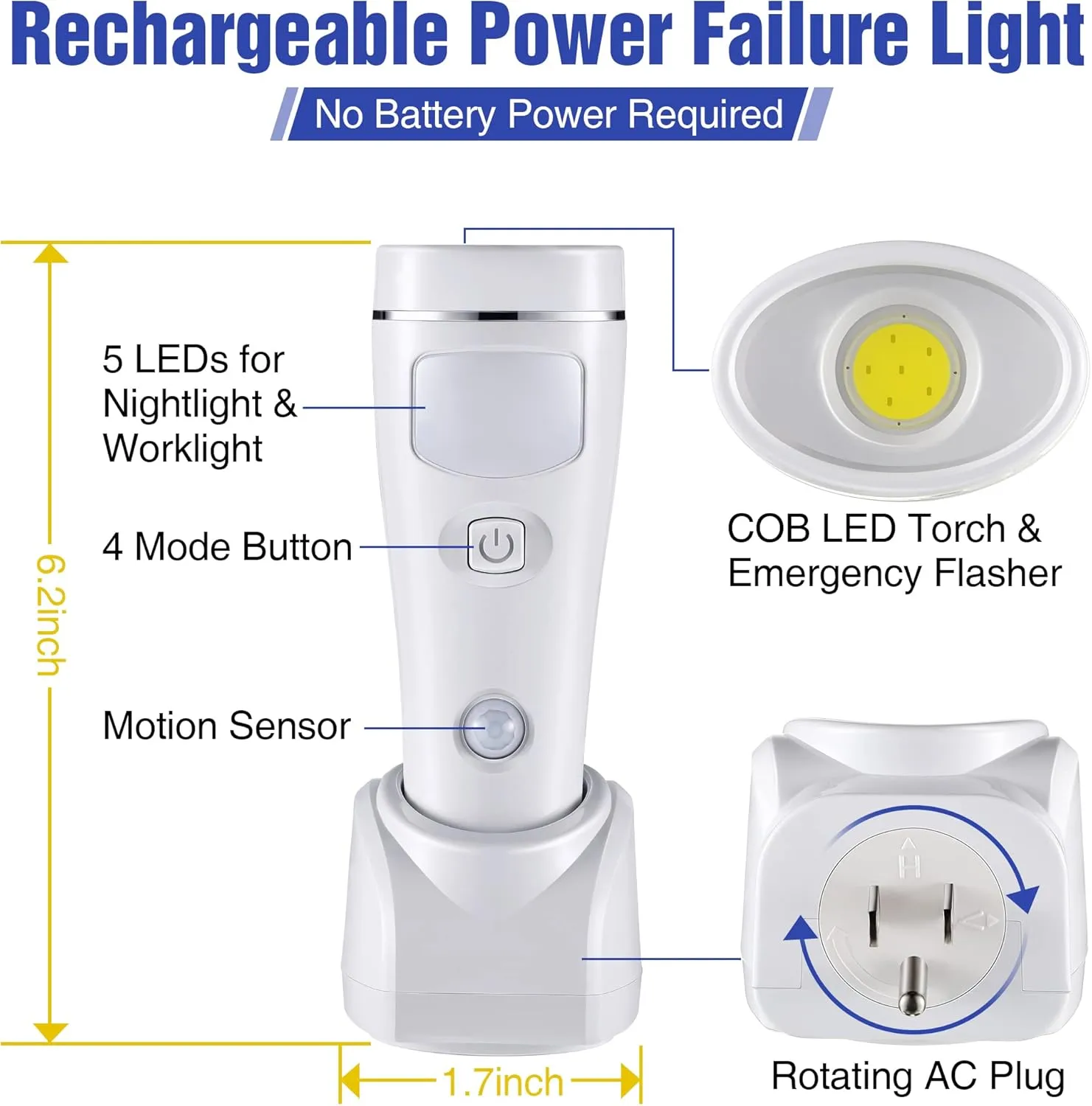 Enhon 4 in 1 LED Rechargeable Plug in Flashlights, 6 Pack LED Emergency Lights for Home Power Failure Emergency, Plug in Power Outage Light, Power Failure Light with Motion Detection (White)