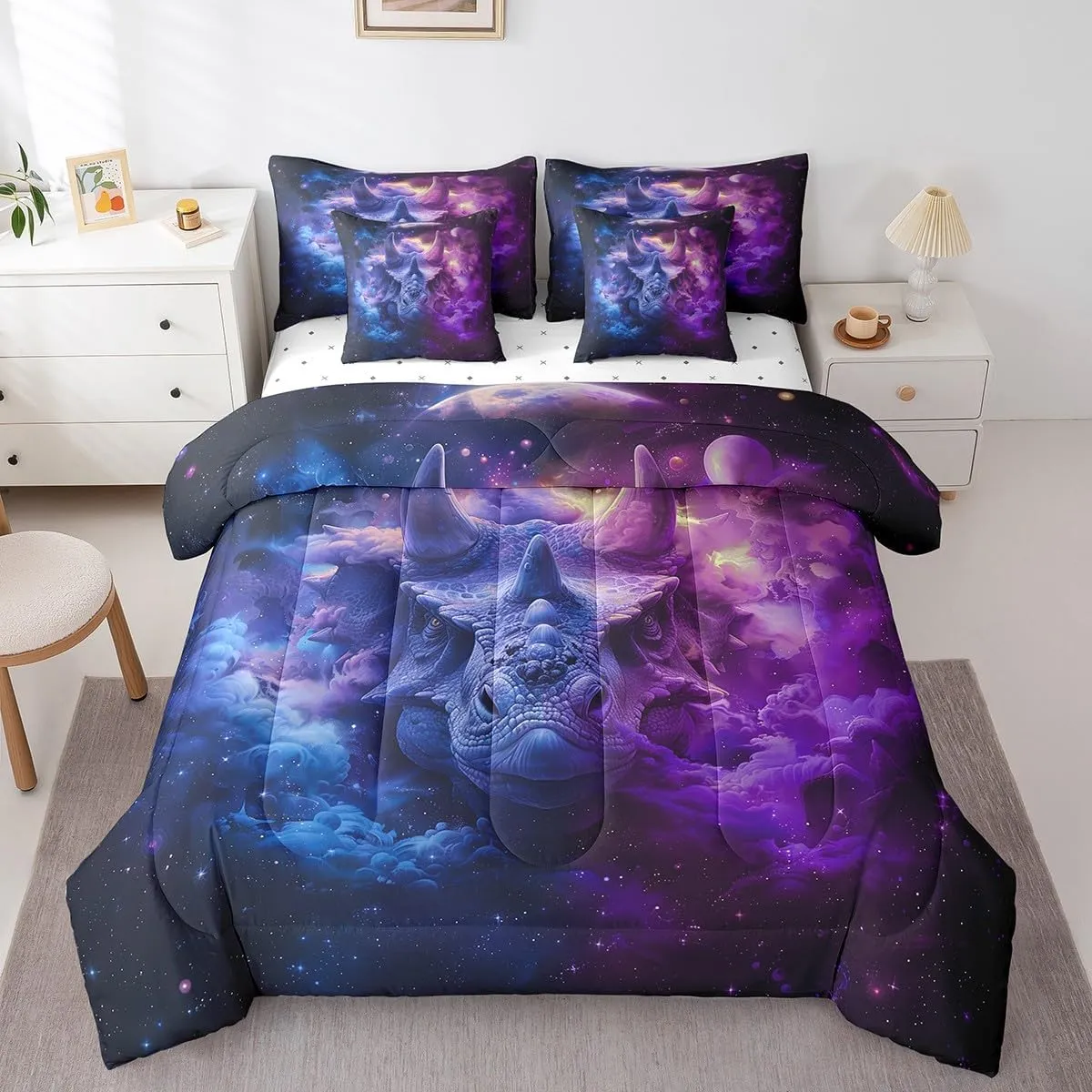 Erosebridal Rhinoceros Bed in a Bag King Size Comforter Set 7 Pieces Blue Purple Fog Sheet Set with Comforter,Goth Wild Animals Bedding Sets,Exotic Wildlife Rhino Bed Set,Boho Room Decor