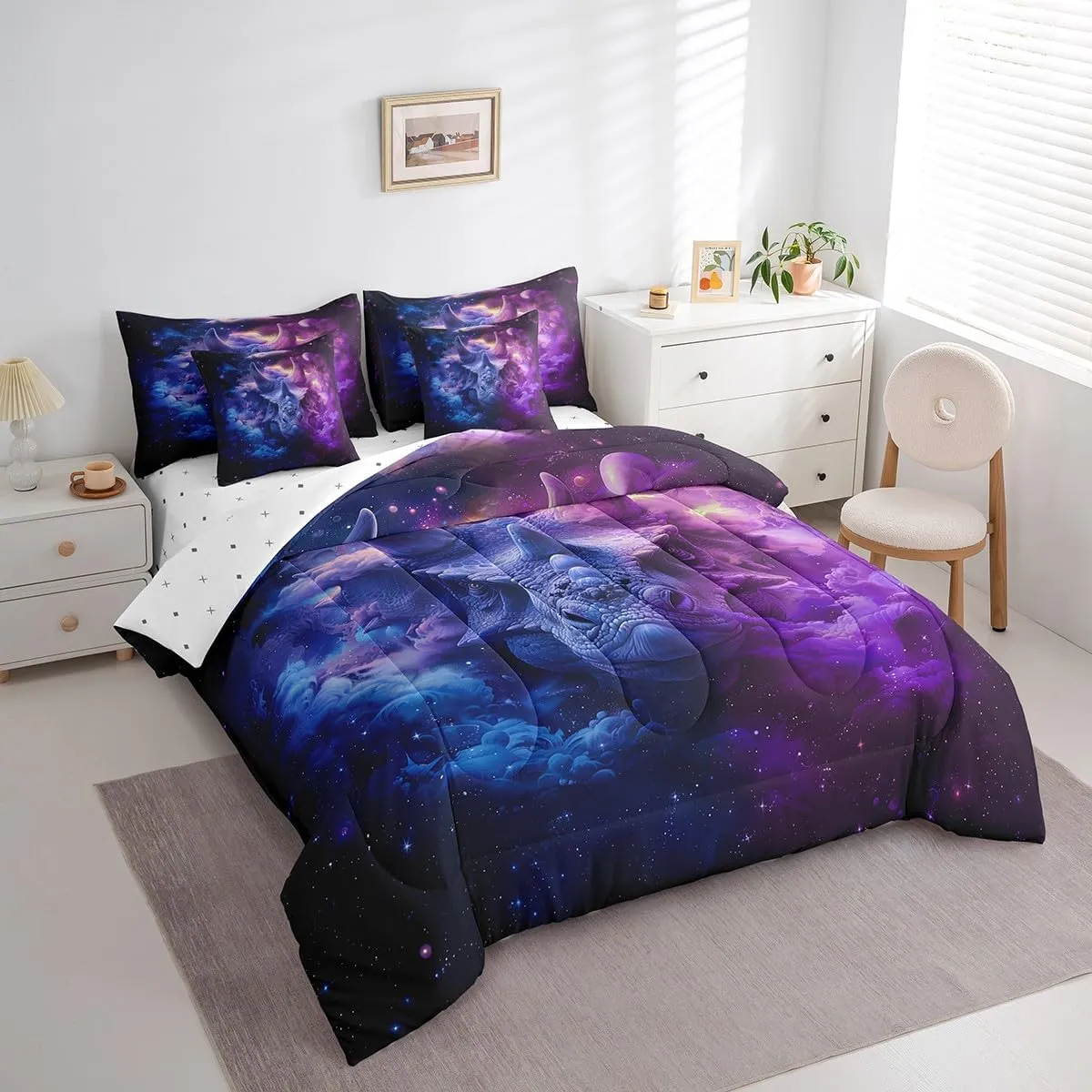 Erosebridal Rhinoceros Bed in a Bag King Size Comforter Set 7 Pieces Blue Purple Fog Sheet Set with Comforter,Goth Wild Animals Bedding Sets,Exotic Wildlife Rhino Bed Set,Boho Room Decor