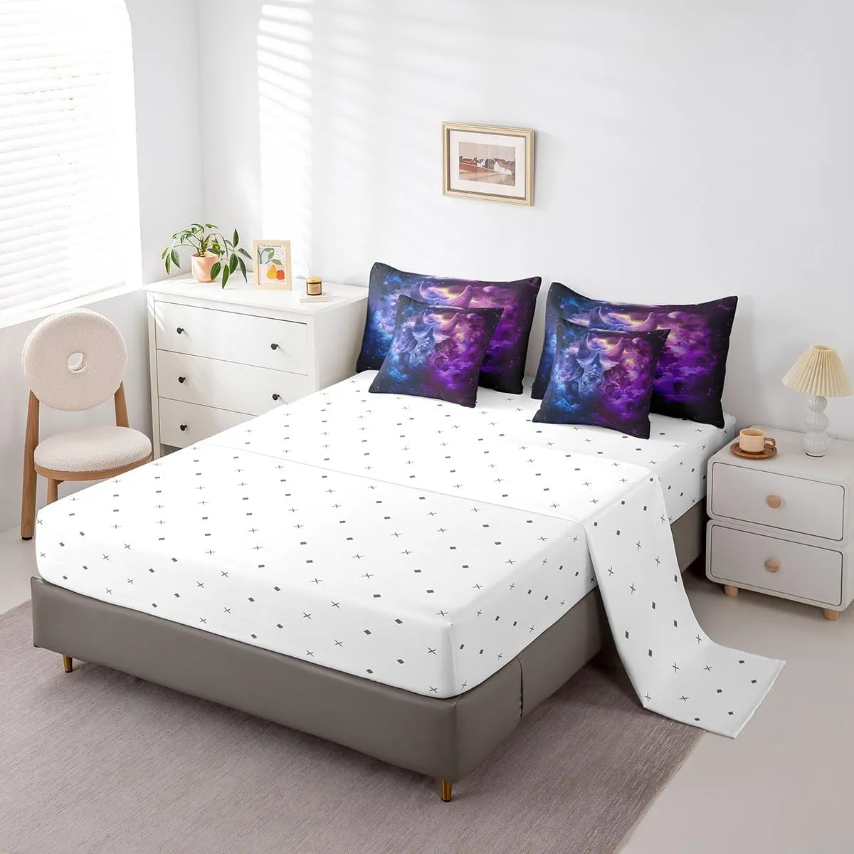 Erosebridal Rhinoceros Bed in a Bag King Size Comforter Set 7 Pieces Blue Purple Fog Sheet Set with Comforter,Goth Wild Animals Bedding Sets,Exotic Wildlife Rhino Bed Set,Boho Room Decor